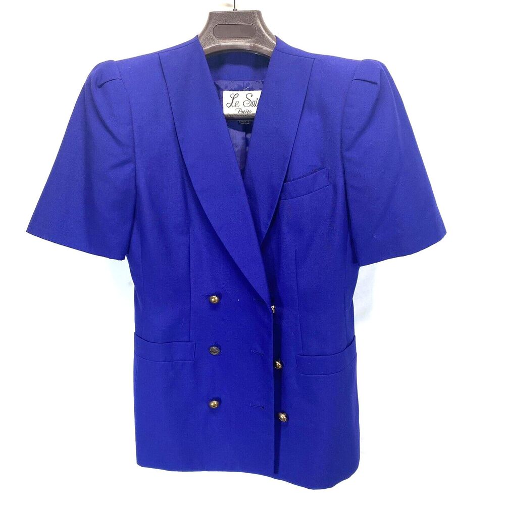 Le Suit Women Sz 4P Blazer Blue Sht Sleeve Double Breasted Gold Buttons w/defect